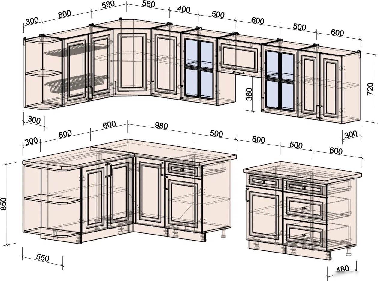 Готовая кухня Интерлиния Мила Шато 1.7x3.2 LV (мята/керамика/опал светлый)