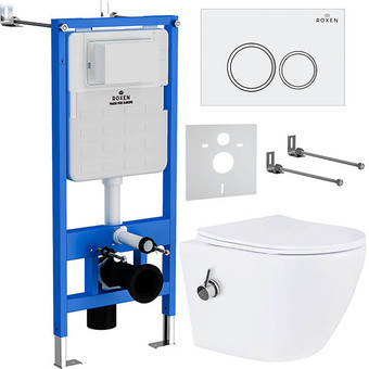 Унитаз подвесной Roxen Antares Bidet в комплекте с инсталляцией StounFix Slim 6 в 1 902672 (кнопка: белый глянец)