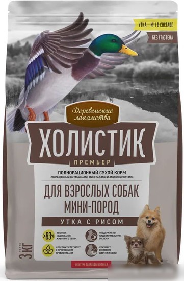 Сухой корм для собак Деревенские лакомства Холистик Премьер для мини-пород. Утка с рисом 3 кг