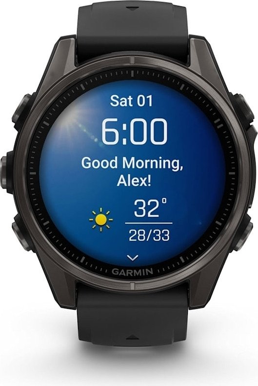 Умные часы Garmin Fenix 8 Sapphire 43мм (титановый угольно-черный DLC, пепельно-серый ремешок)