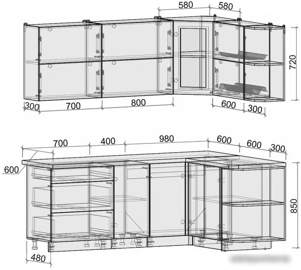 Готовая кухня Интерлиния Мила Матте 1.5x2.1 А правая (океан-луна-травертин серый)