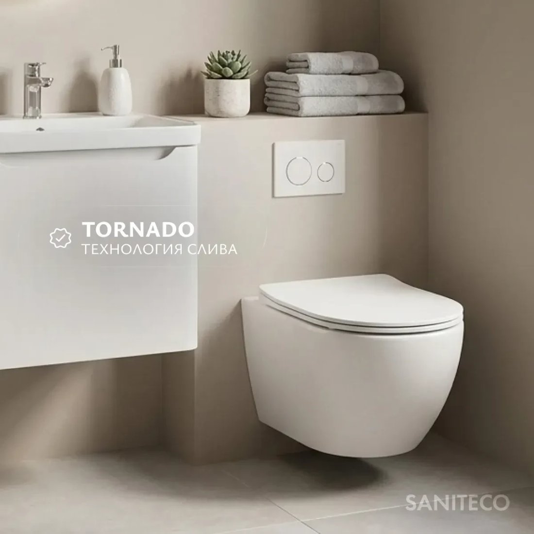 Унитаз подвесной Saniteco Torando T-203W + TECE 9400414 (с кнопкой черный)