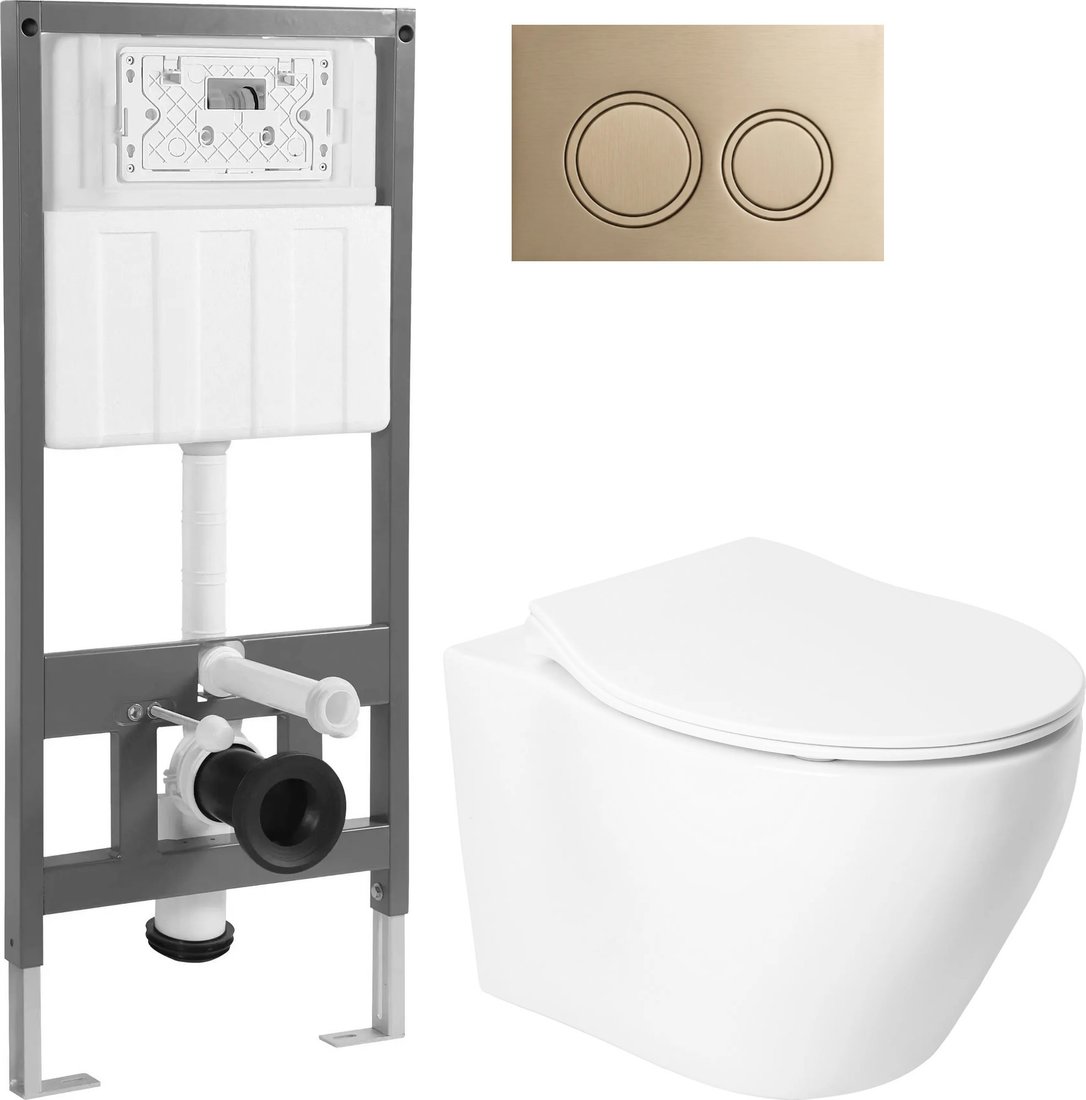 Унитаз подвесной Saniteco KW-99046 + 501 + K01-PRG (с кнопкой, матовое золото)