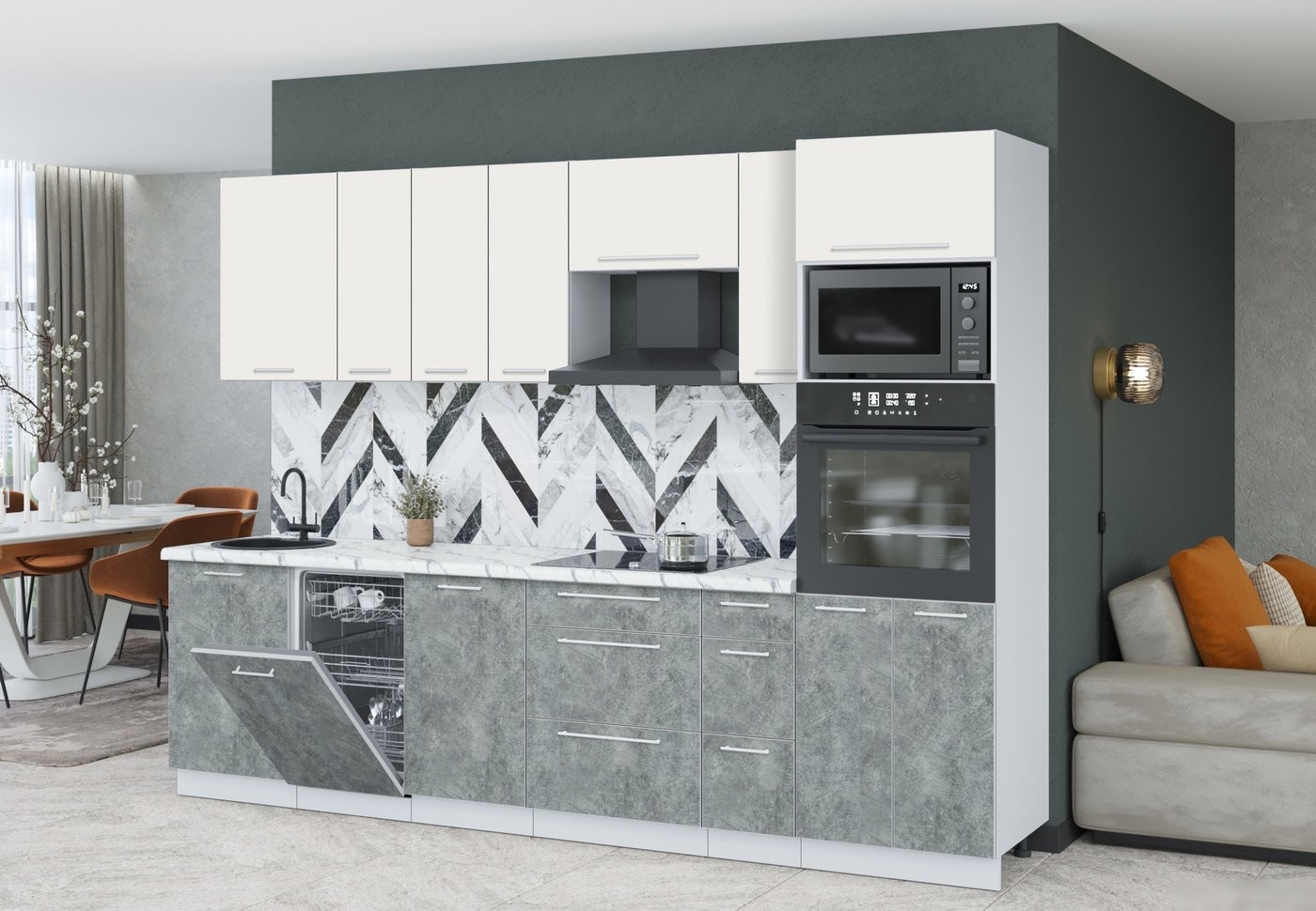 Готовая кухня Интерлиния Пластик 2.9-ПМ3 (мрамор/зефирный/белый гранит)