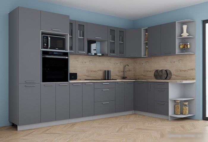 Готовая кухня Интерлиния Мила Gloss 1.88x3.4 правая (серый софт/серый софт/травертин серый)