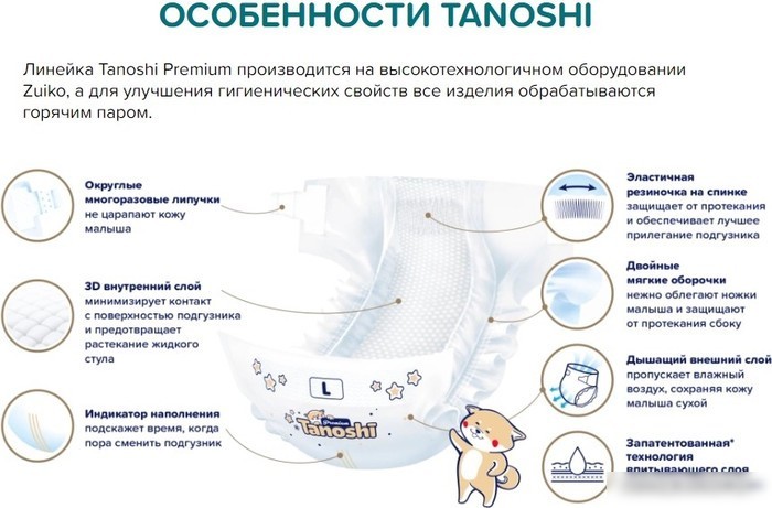 Подгузники Tanoshi Premium Baby Diapers M 6-11 кг (62 шт)