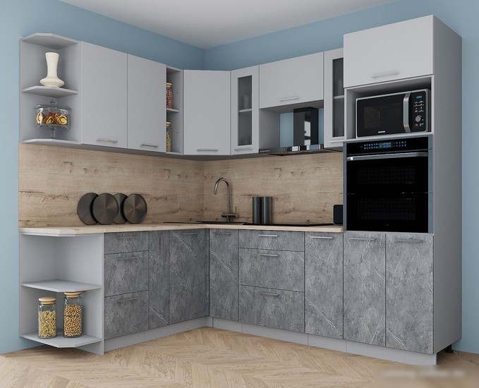Готовая кухня Интерлиния Мила Gloss 1.88x2.4 левая (пепел софт/керамика/травертин серый)