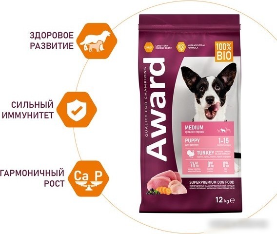 Сухой корм для собак Award Puppy Medium для щенков средних пород с индейкой, курицей с добавлением моркови и черной смородины 12 кг