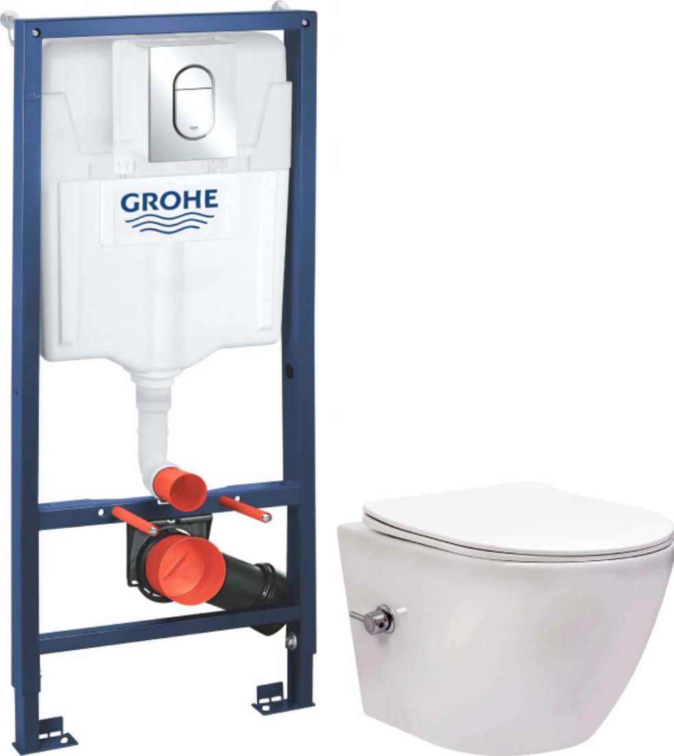 Унитаз подвесной Saniteco Rimless RT-203-B + GROHE Rapid SL 39504000 (c функцией биде/кнопка хром глянец)