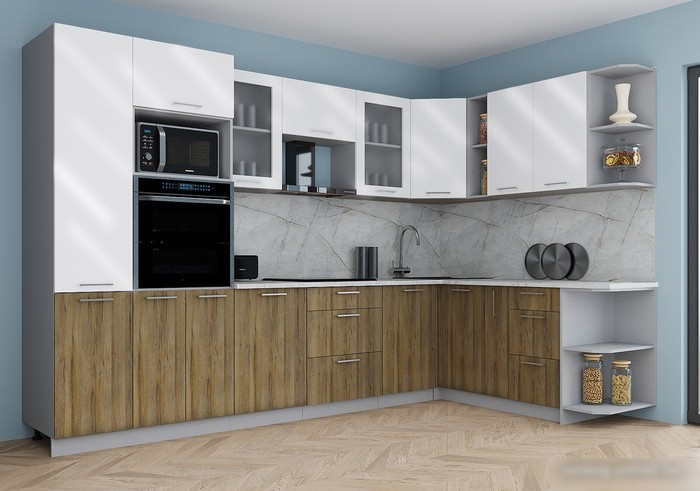 Готовая кухня Интерлиния Мила Gloss 1.88x3.2 правая (белый глянец/дуб вотан/травертин серый)
