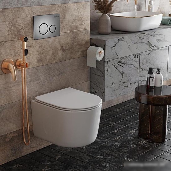 Унитаз подвесной Roxen Simple Compact в комплекте с инсталляцией StounFix Slim 6 в 1 963592 (кнопка: оружейная сталь)