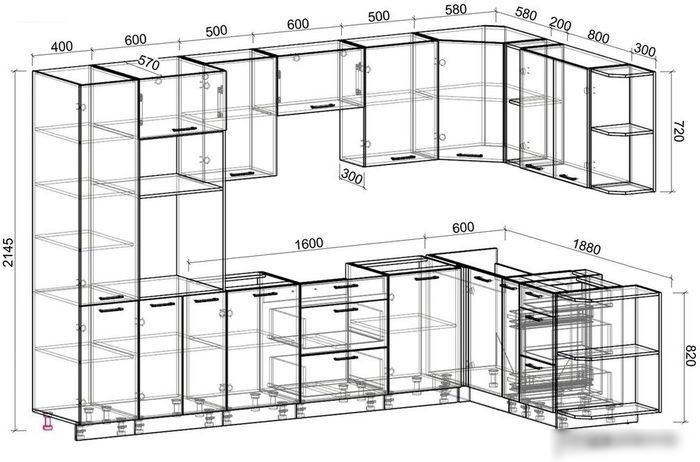 Готовая кухня Интерлиния Мила Лайт 1.88x3.2 правая без столешницы (белый платинум/бетон)