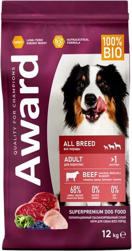 Сухой корм для собак Award Adult All Breed для всех пород с говядиной, курицей с добавлением брокколи и черники 12 кг