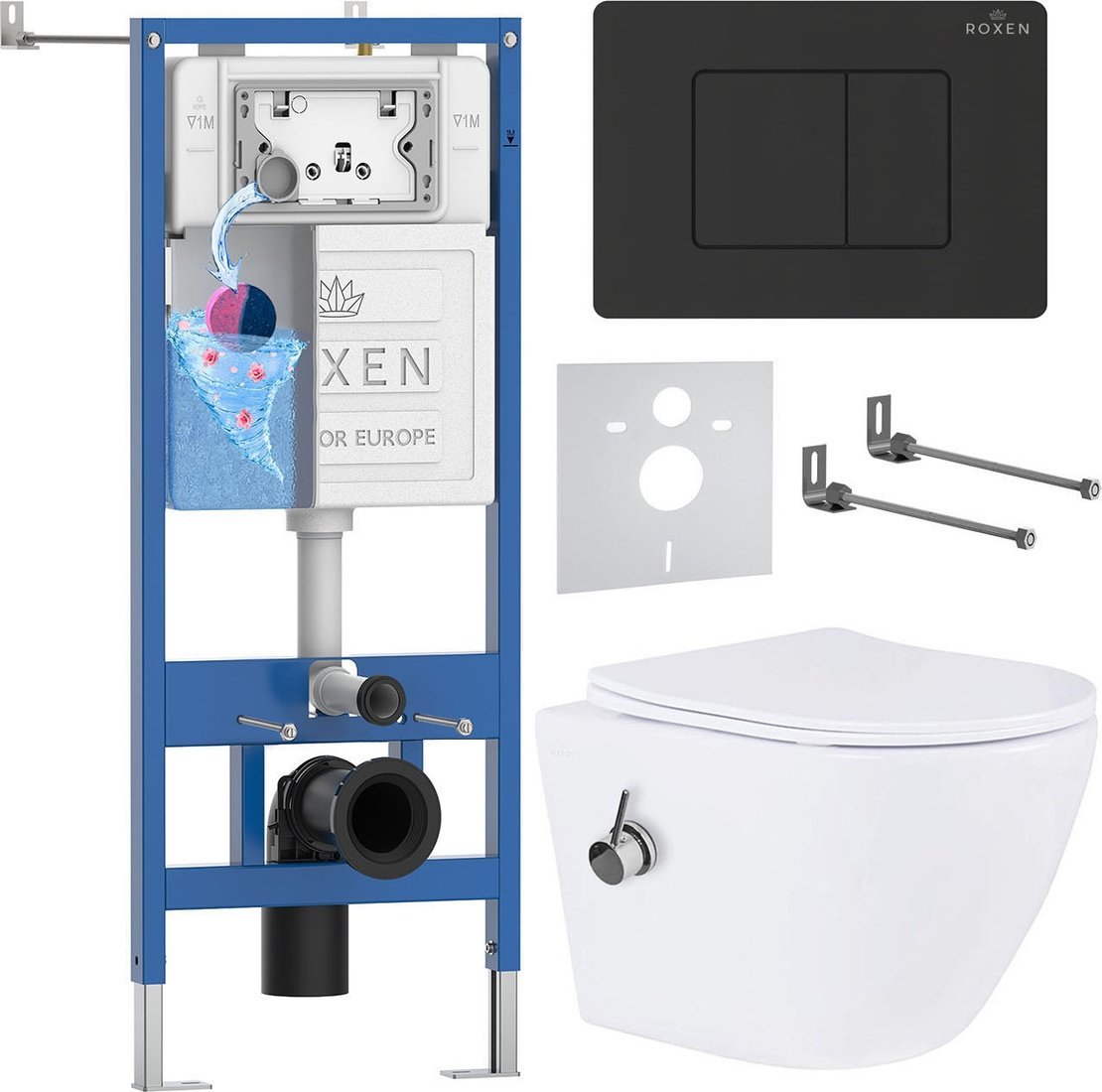 Унитаз подвесной Roxen Antares Bidet в комплекте с инсталляцией StounFix Dual Fresh 6 в 1 868517 (кнопка: черный матовая)