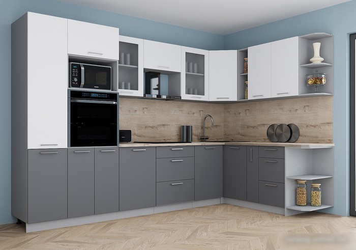 Готовая кухня Интерлиния Мила Gloss 1.88x3.2 правая (белый софт/серый софт/травертин серый)
