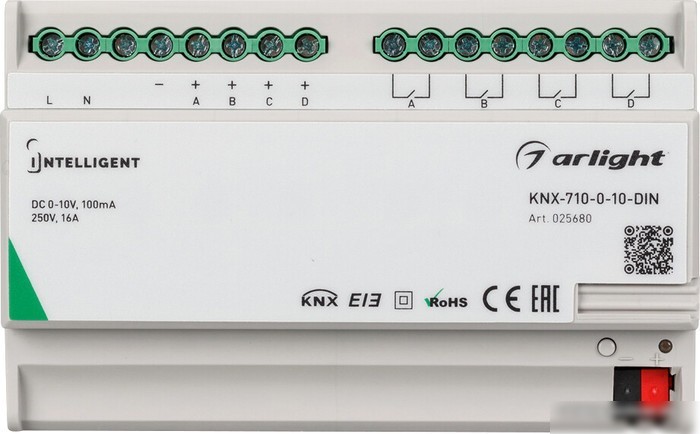 Контроллер RGB Arlight Intelligent KNX-710-0-10-DIN (230V, 4x0/1-10, 4x16A) 025680