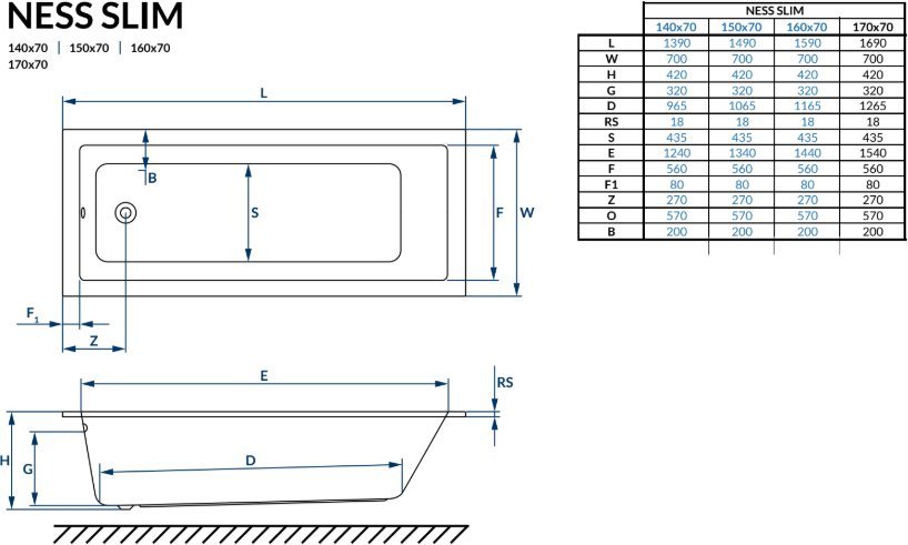 Ванна Excellent Ness Mono Slim 150x70 (с ножками)