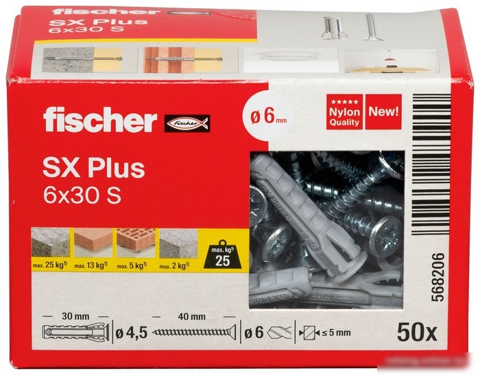 Дюбель универсальный Fischer SX Plus 6X30 S/Screw 568206 (50 шт)