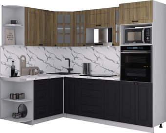 Готовая кухня Интерлиния Мила Деко 1.68x2.4 LV (черный/дуб вотан/белый гранит)