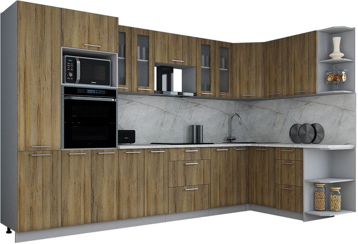 Готовая кухня Интерлиния Мила Gloss 1.68x3.4 правая (дуб вотан/дуб вотан/травертин серый)