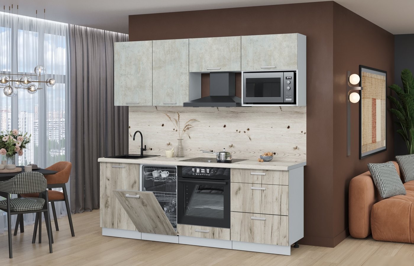 Готовая кухня Интерлиния Мила Лайт 2.15-ПМ4 (бетон лайт/дуб серый/бискайская сосна)