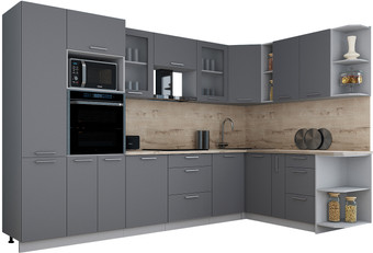 Готовая кухня Интерлиния Мила Gloss 1.88x3.2 правая (серый софт/серый софт/травертин серый)