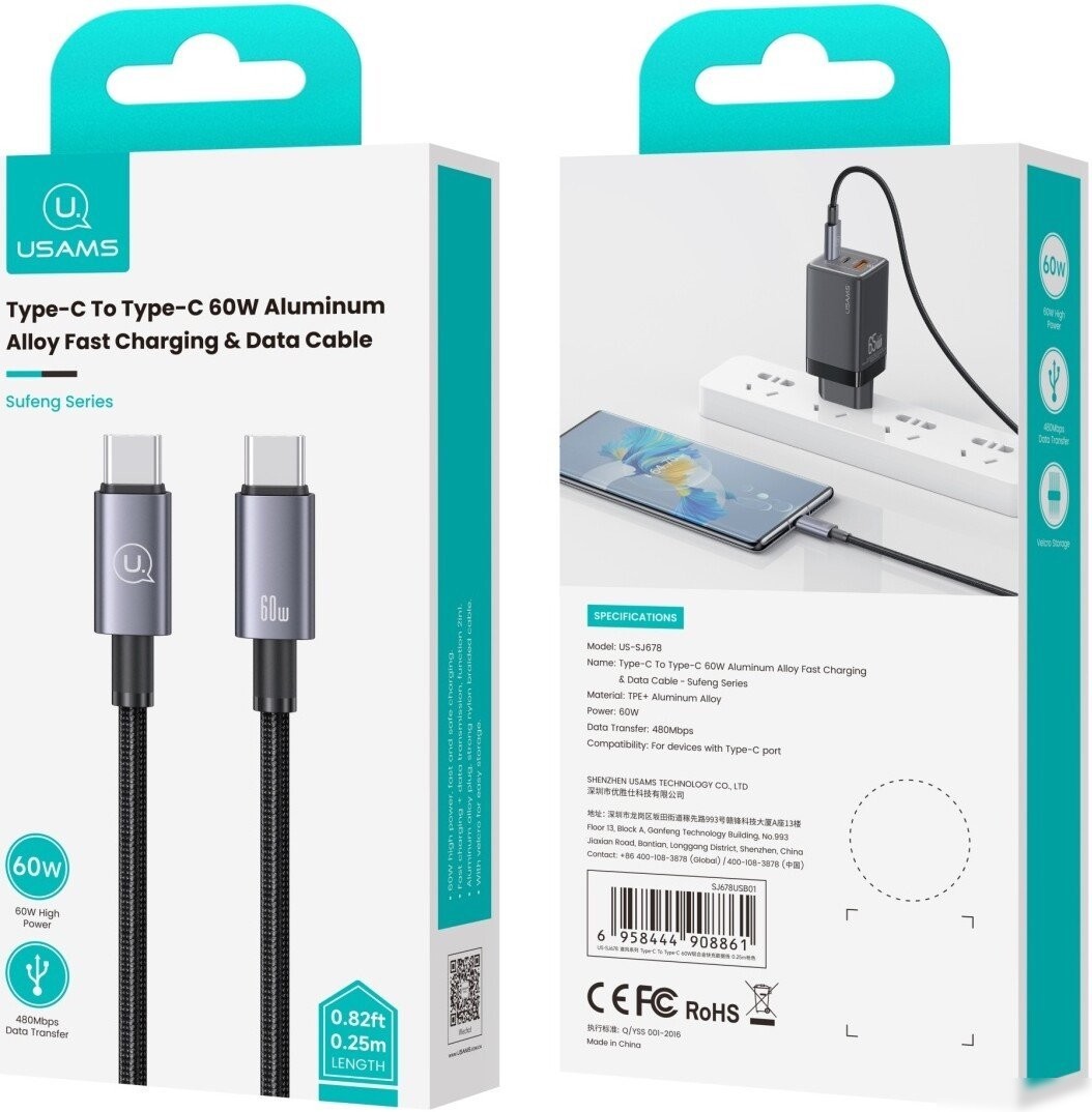 Кабель Usams US-SJ678 USB Type-C - USB Type-C (0.25 м, черный)