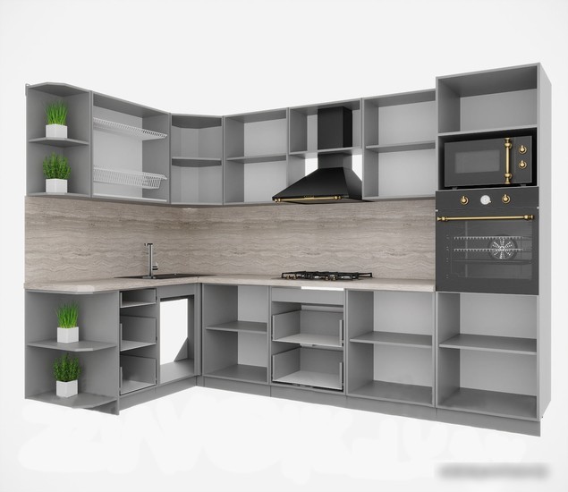 Готовая кухня Интерлиния Мила Деко 1.68x3.0 правая (океан-океан-травертин серый)