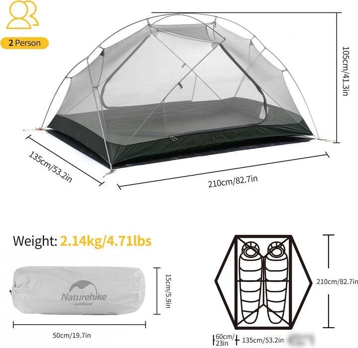 Треккинговая палатка Naturehike Mongar Ultralight 2 210T (зеленый)