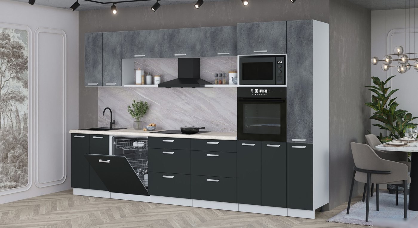 Готовая кухня Интерлиния Мила Лайт 3.3-ПМ1 (бетон портленд/антрацит/травертин серый)