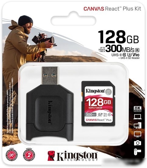 Карта памяти Kingston Canvas React Plus SDXC 128GB (с кардридером)