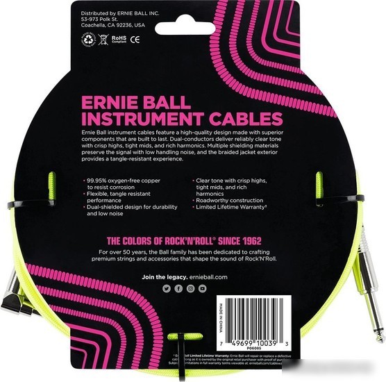 Гитарный кабель Ernie Ball P06085 6.3 мм - 6.3 мм (5.49 м, неоновый желтый)