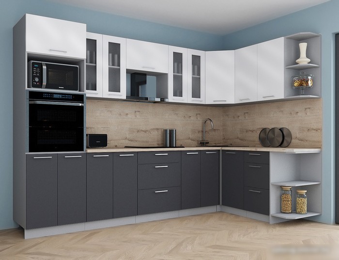 Готовая кухня Интерлиния Мила Gloss 1.68x3.0 правая (белый глянец/графит софт/травертин серый)