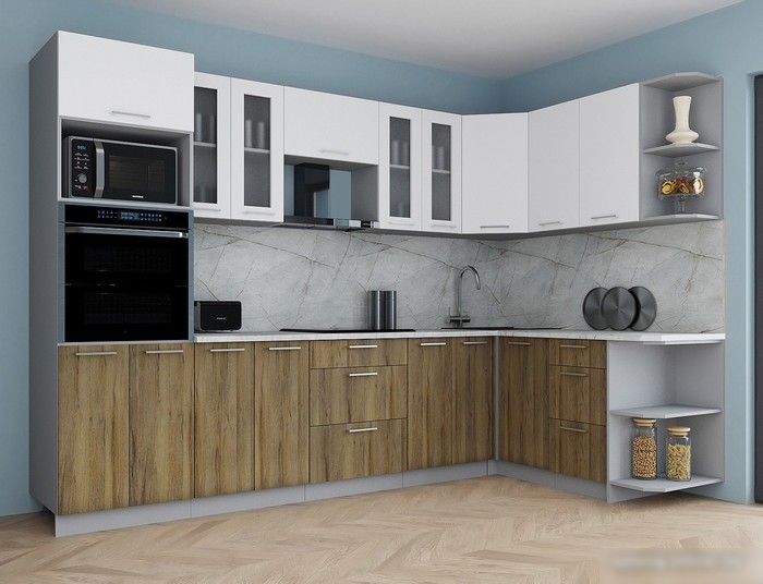 Готовая кухня Интерлиния Мила Gloss 1.68x3.0 правая (белый софт/дуб вотан/травертин серый)