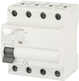Устройство защитного отключения GEYA GYL9 4P 63A 6 кА 30мА AC GYL94P63A30MA