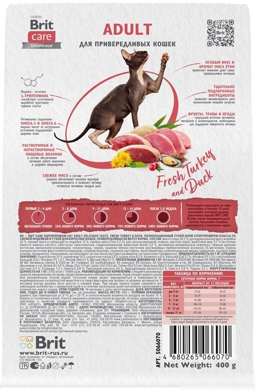 Сухой корм для кошек Brit Кеа Cat Adult Delicious Taste с индейкой и уткой 400 г