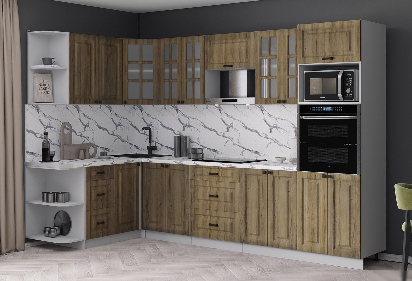 Готовая кухня Интерлиния Мила Деко 1.68x3.0 LV (дуб вотан/дуб вотан/белый гранит)
