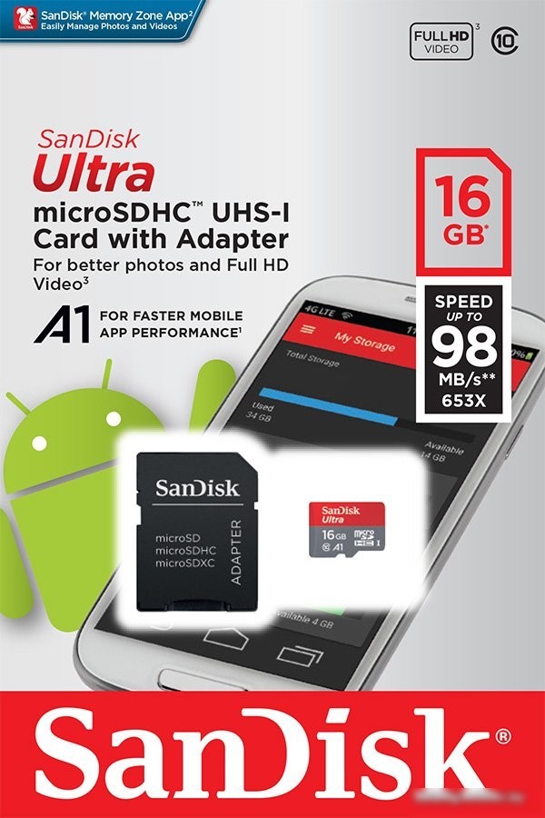 Карта памяти SanDisk Ultra SDSQUAR-016G-GN6MA microSDHC 16GB (с адаптером)