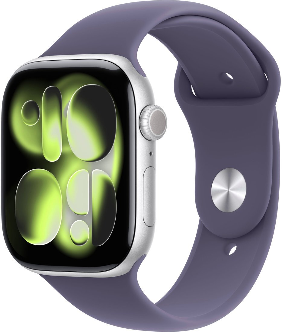 Умные часы Apple Watch Series 11 46 мм (алюминиевый корпус, серебристый/фиолетовый туман, спортивный силиконовый ремешок S/M)