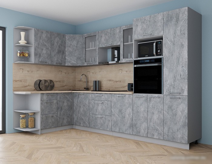 Готовая кухня Интерлиния Мила Gloss 1.68x3.2 левая (керамика/керамика/травертин серый)