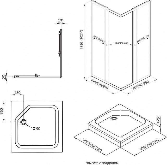 Душевой уголок Maroni Stile Nero-GLS 90x90 Щ0000063957