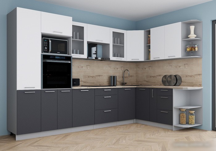 Готовая кухня Интерлиния Мила Gloss 1.88x3.2 правая (белый софт/графит софт/травертин серый)