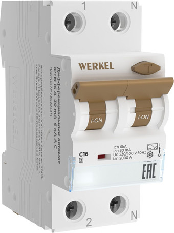 Дифференциальный автомат Werkel 1P+N 16 A 30 mА 6 kА C A W922P166