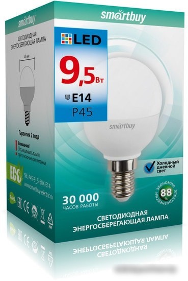 Светодиодная лампа SmartBuy P45 E14 9.5 Вт 6000 К SBL-P45-9_5-60K-E14