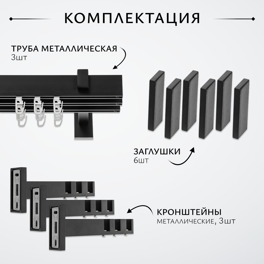 Карниз для штор Sundays Home Флэт Лайн Изи тройной (заглушка, черный матовый, 2.4м)