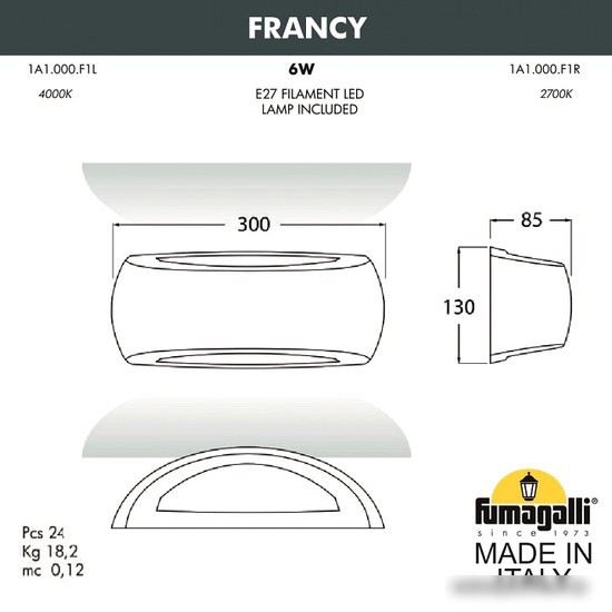 Уличный настенный светильник Fumagalli Francy 1A1.000.000.AYF1R