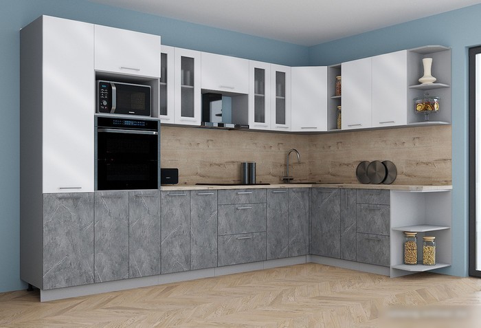 Готовая кухня Интерлиния Мила Gloss 1.88x3.4 правая (белый глянец/керамика/травертин серый)