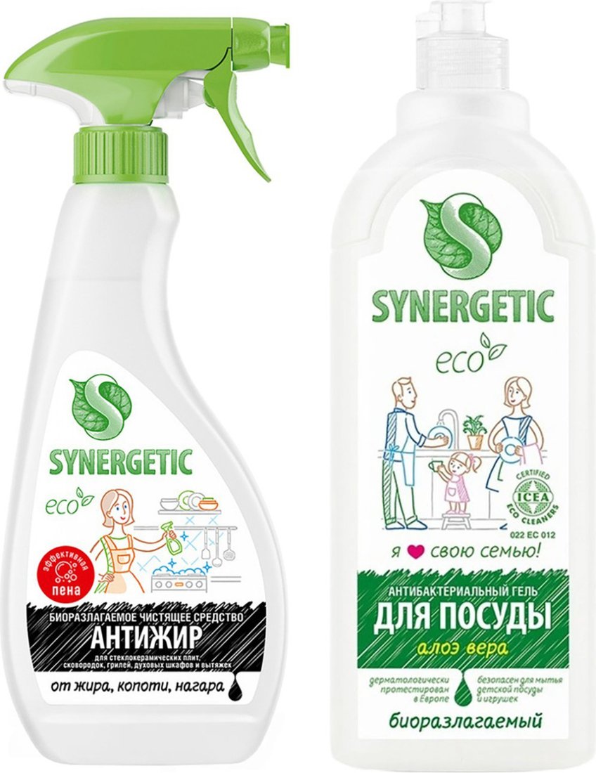 Средство для кухни Synergetic Антижир 0.5 л + Для мытья посуды Алоэ 1 л