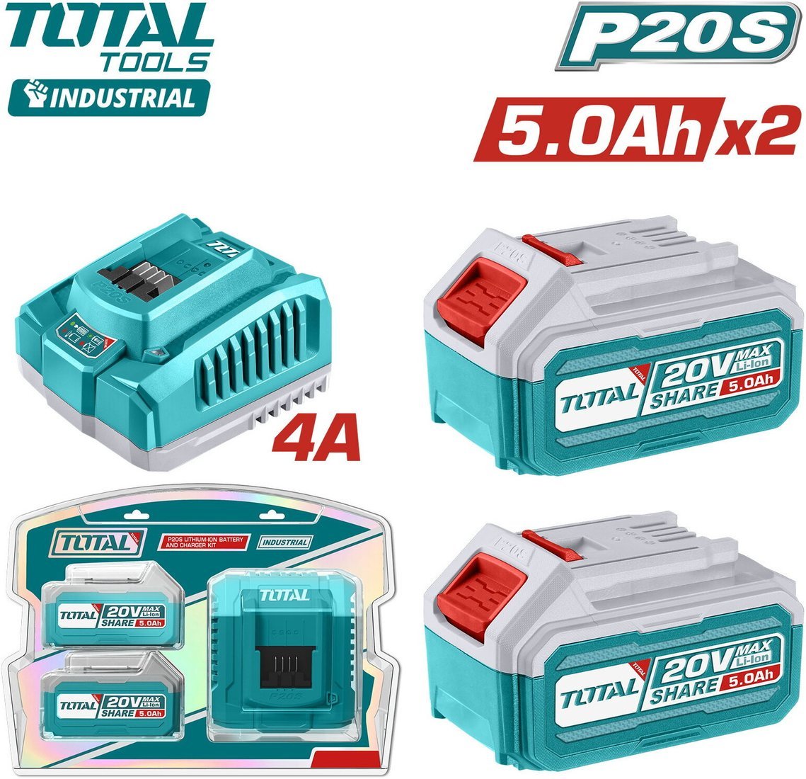 Аккумулятор с зарядным устройством Total TFBCPK2513 (20В/2x5 Ah + 20В)