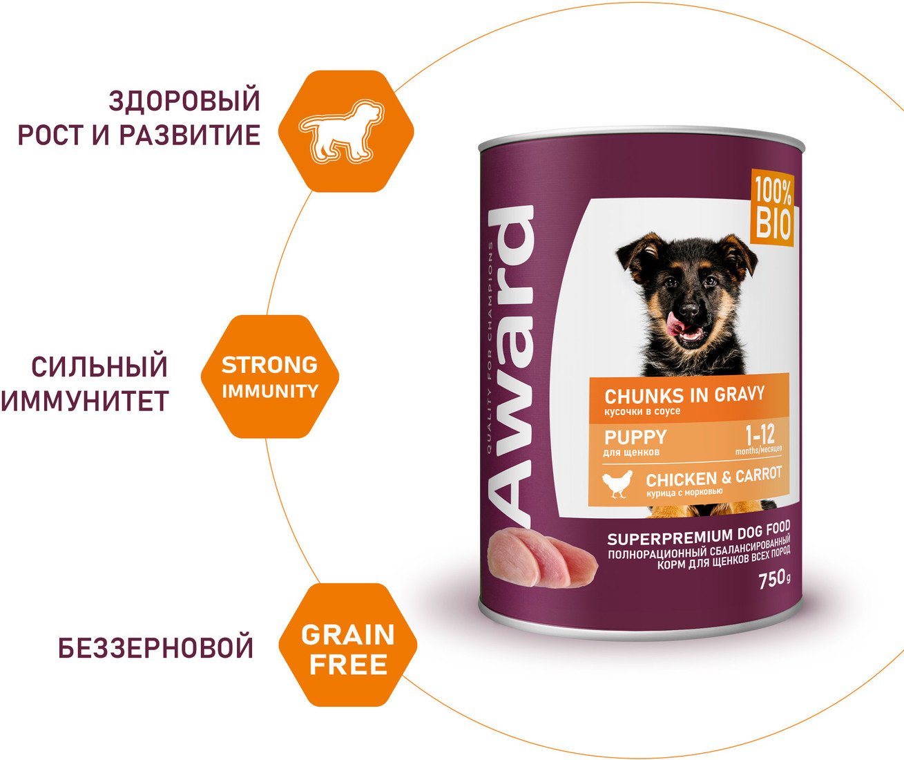 Консервированный корм для собак Award Puppy Кусочки с курицей и морковью 2540393 750 г